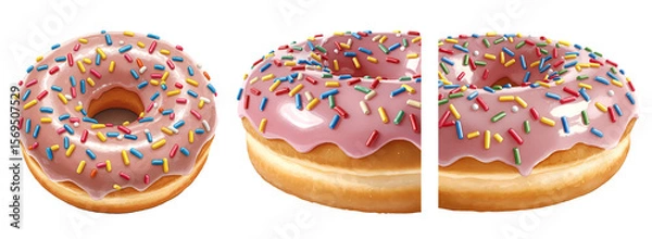 Fototapeta Three donuts with pink frosting and colorful sprinkles arranged side by side on a plain setting on transparent background