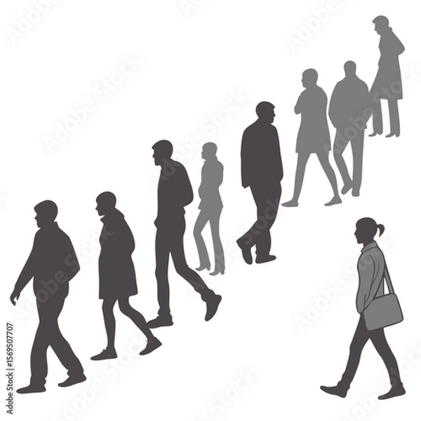 Fototapeta a large group of people walking silhouettes, diverse figures, various body shapes and sizes, full length, monochrome, photorealistic
