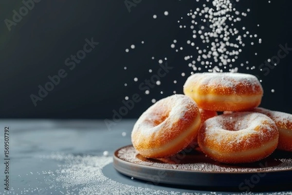 Fototapeta Sweet donuts dusted with powdered sugar arranged on a dark plate ready for dessert lovers to enjoy at a cozy cafe