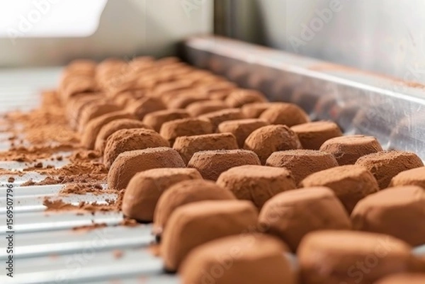 Fototapeta Chocolate truffles coated in cocoa powder arranged on a silver foil surface with cocoa powder scattered around