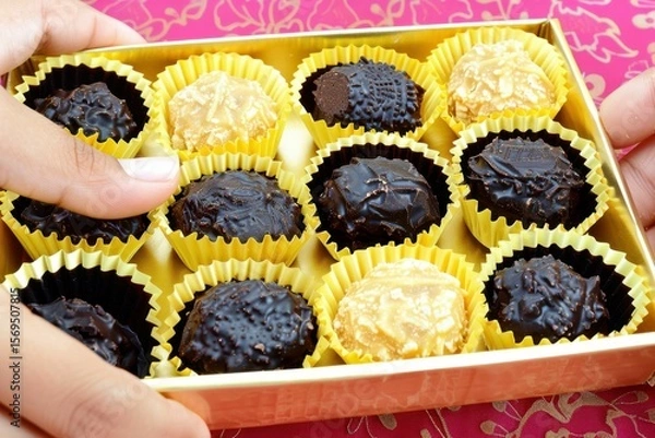 Fototapeta Delightful assortment of handcrafted chocolates with a hand selecting a piece from a wooden box