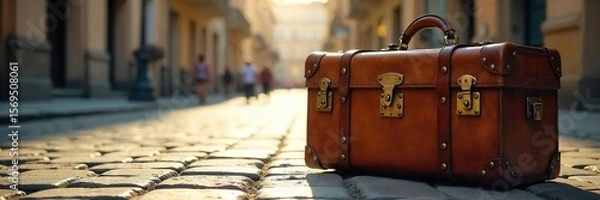 Obraz Vintage Leather Suitcase on Cobblestone Street Nostalgia, Adventure, and the Open Road