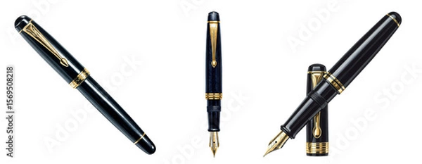 Fototapeta Three fountain pens with gold accents displayed against a plain backdrop in a studio setting on transparent background