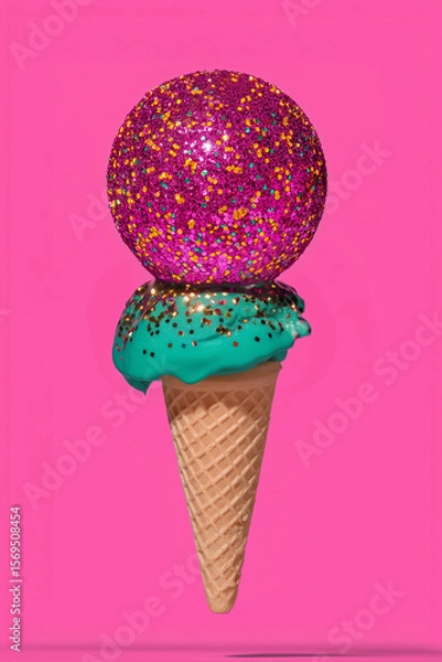 Fototapeta Christmas glitter ice cream cone surreal dessert festive pop art style vibrant pink teal candy holiday decor quirky whimsical art print modern neon wall art fun winter aesthetic sparkle joy