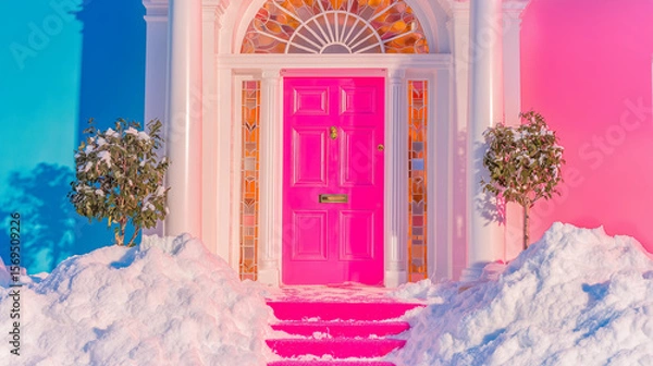 Fototapeta Colorful Christmas snow house pink front door pastel holiday decor surreal winter wonderland whimsical art photography pop aesthetic festive greeting card candy color dream Christmas scene