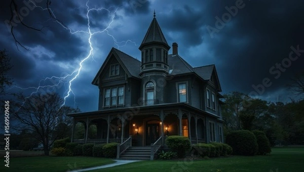 Obraz Haunted Victorian house with lightning in a stormy night sky