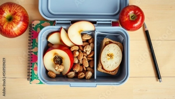 Obraz Healthy lunchbox with apples, nuts, and dried fruit