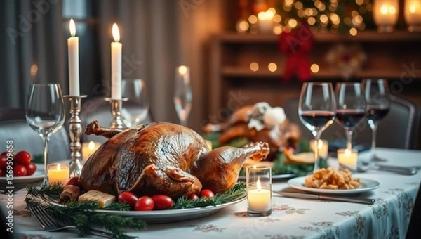 Obraz Festive Thanksgiving dinner with roasted turkey, wine, and candles