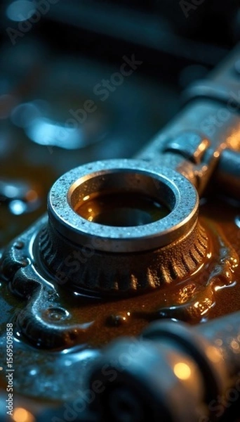Obraz Gleaming Steel Component Submerged in Lubricating Oil Industrial Machinery Maintenance Close-Up