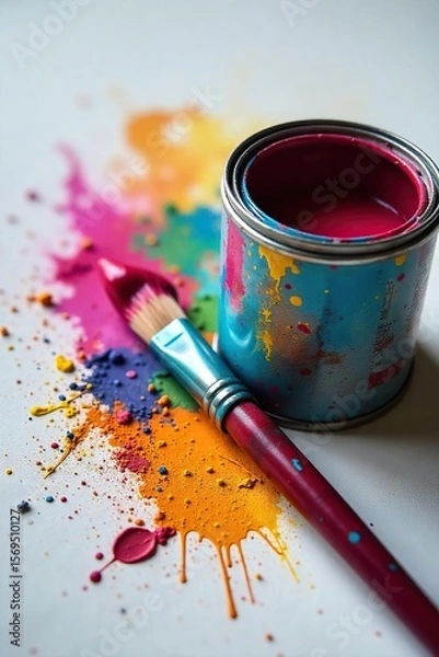 Obraz Well-worn Paintbrush and Vibrant Paint Artistic Still Life Ready for Creation