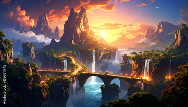 Fototapeta A floating mountain range connected by glowing bridges made of light, with waterfalls cascading into the sky, golden hour lighting, unique concept art style, ready for commercial, unseen scene.
