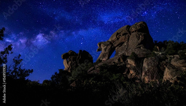 Fototapeta A fantasy mountains shaped like giant ancient sleeping under a star-filled galaxy, surreal nature, deep shadows, dramatic light, never-before-published concept, perfect for Adobe Stock.