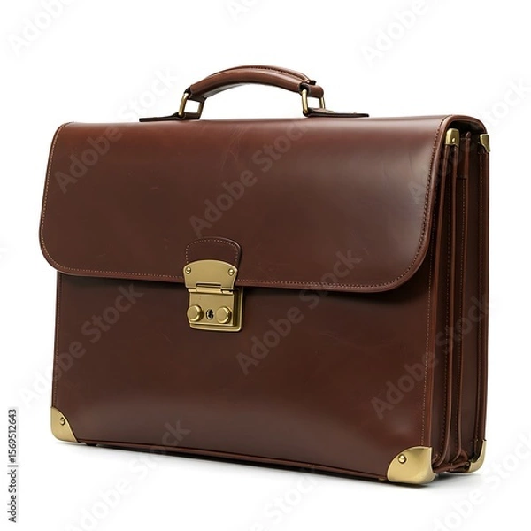Fototapeta men's leather briefcase handcrafted in thailand, brass hardware and durable build, soft shadow, isolated on white background