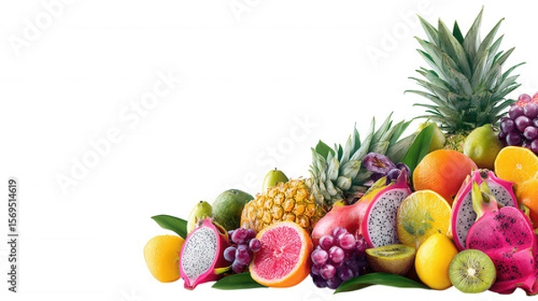 Fototapeta Healthy Mixed Colorful Tropical Fruit Pile Horizontal on Transparent Background