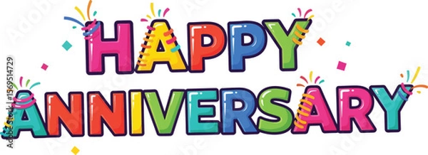 Fototapeta A colorful happy anniversary graphic with confetti on a white background