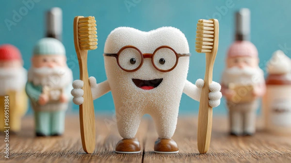Obraz A cute cartoon tooth character holds paintbrushes, creating a playful concept of dental care and creativity