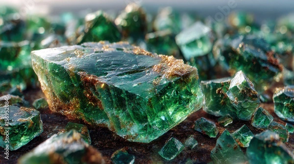 Obraz Close-up of rough green emerald crystals scattered on a surface, showcasing detailed textures and glimmering facets