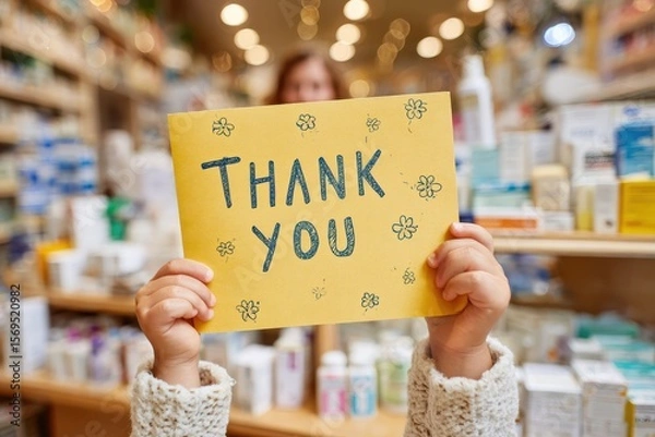 Obraz A cheerful customer expresses gratitude by holding a handmade thank you card at a pharmacy, showcasing kindness and appreciation in a warm, inviting environment filled with various products.
