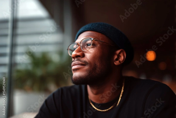 Fototapeta Smiling stylish man wearing glasses and beret looking outside in warm ambient light, candid urban portrait
