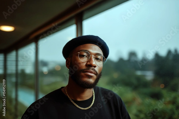Fototapeta Smiling stylish man wearing glasses and beret looking outside in warm ambient light, candid urban portrait
