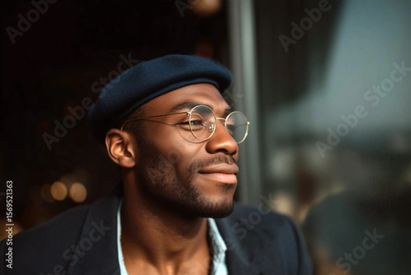 Fototapeta Smiling stylish man wearing glasses and beret looking outside in warm ambient light, candid urban portrait
