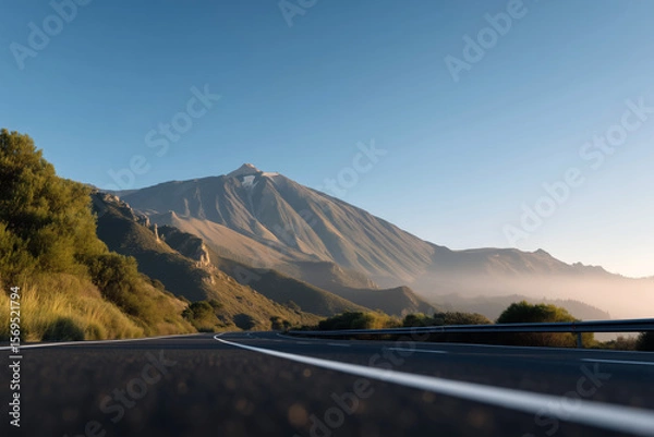 Fototapeta Mountain road at sunrise with low angle view, scenic asphalt highway surrounded by nature
