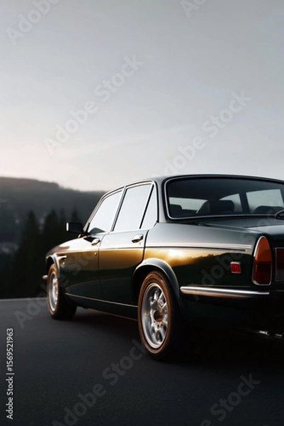 Fototapeta Vintage green sedan parked at sunset, classic car with chrome details and smooth reflective surface
