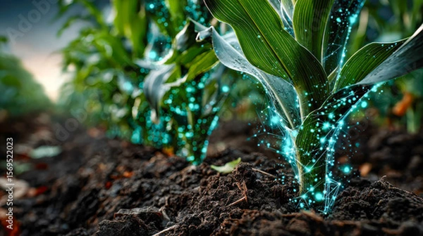 Obraz A young corn plant grows in rich soil, highlighted with glowing digital data streams suggesting smart agriculture technology