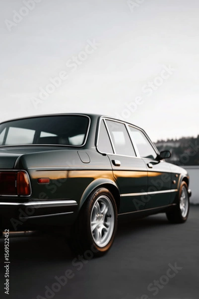 Fototapeta Vintage green sedan parked at sunset, classic car with chrome details and smooth reflective surface
