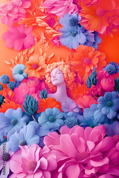 Obraz A woman's head emerges from a vibrant, overflowing bed of meticulously crafted paper flowers in shades of pink, orange, and blue, creating an ethereal and artistic floral portrait