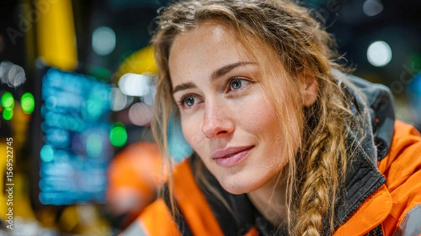 Obraz A concerned female paramedic in a yellow uniform sits inside a high-tech ambulance, surrounded by illuminated medical monitors and emergency equipment