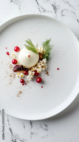 Fototapeta Goat cheese mousse served garnished with bright candied cranberries and crunchy dill-flavored popcorn.
