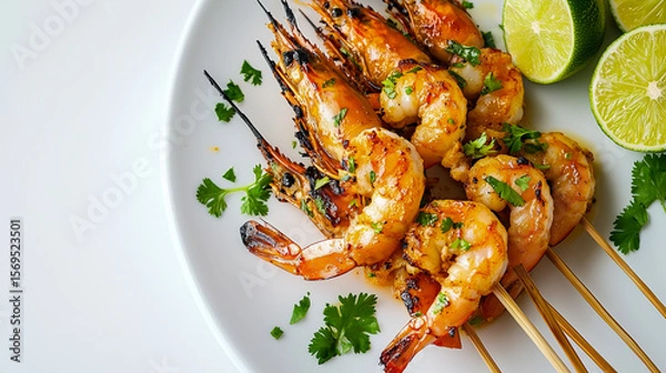 Fototapeta Black tiger ebi kushiyaki, large tiger prawns marinated in a fragrant blend of lime, garlic, and ginger on a white plate.