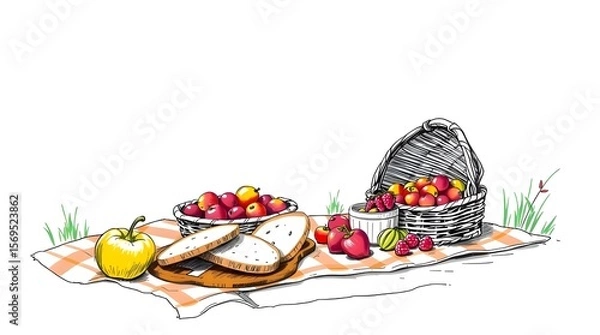 Fototapeta A hand-drawn sketch of a Boho picnic scene with fruit and bread on a white background, rendered in a bright, vibrant, and colorful sketchnote style. The style is dramatic and cinematic, with lively