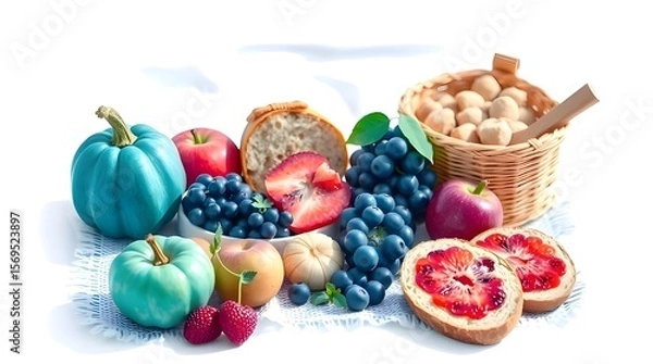 Fototapeta A Boho picnic scene on a white background featuring fruit and bread, rendered in cool blues, greens, and purples. The style is whimsical and lighthearted, focusing on soft lighting and a relaxed