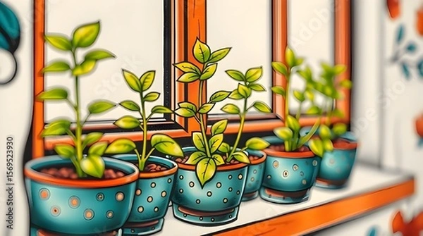 Fototapeta A tight close-up shot of a vibrant, retro-style traditional tattoo art print depicting bright green seedlings in speckled pots on a windowsill, rendered in complex ornamental detail against a white