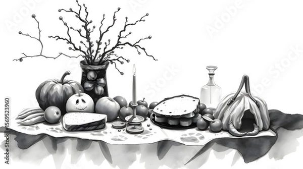 Fototapeta A classic black and white watercolor painting of a Boho picnic scene with fruit and bread on a white background, creating an eerie and creepy atmosphere. The painting utilizes translucent washes