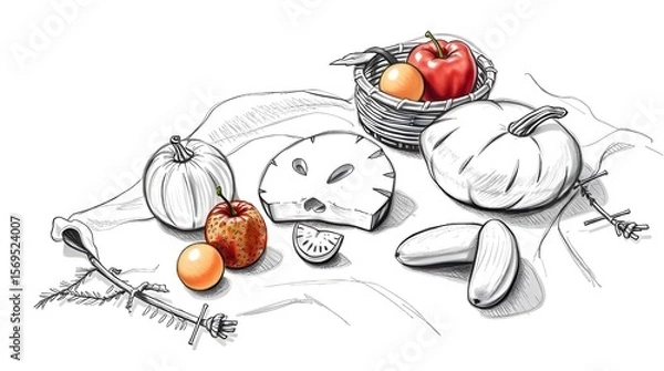 Fototapeta A dramatic, cinematic hand-drawn sketch of a Boho picnic scene featuring fruit and bread on a white background.  The style utilizes rough lines, textured pencil strokes, a film-like composition