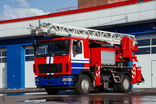 Obraz A vibrant red and white fire engine with an extended ladder is parked on a paved surface in front of a fire station.