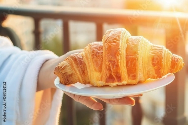 Fototapeta Enjoying a fresh croissant on a sunny balcony during a relaxing morning