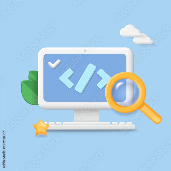 Obraz Computer programming or developing software or game. Vector 3d illustration with coding symbols and programming windows, searching bugs, testing. web development. Information technology engineering