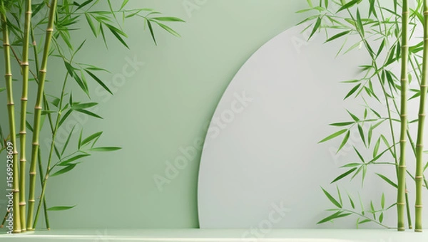 Obraz An elegant background featuring green bamboo stalks and a semicircular niche on a mint-green wall, ideal for product presentation
