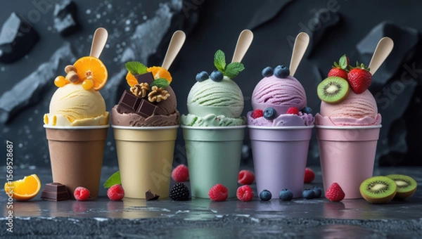 Fototapeta Five cups of various ice cream flavors, garnished with berries and fruits, against a dark stone background.
