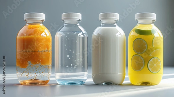 Obraz A row of transparent plastic bottles with various drinks: orange juice, water, milk, and lemonade with lime slices.