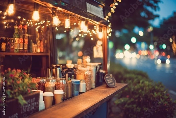 Obraz Charming Street Coffee Cart at Twilight with Warm String Lights, Inviting Atmosphere and Blurred City Background, Perfect for Cozy Urban Vibes and Cafe Culture