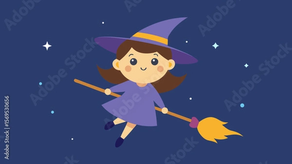 Obraz A Little Witch Tries to Fly on a Broomstick that is Actually a Vacuum Cleaner