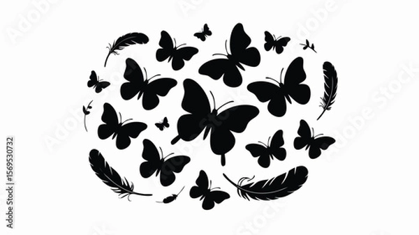 Fototapeta Silhouette Butterfly and Feather Illustration on White Background for Art, Design, and Crafts