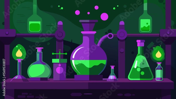 Obraz A Spooky Alchemist Laboratory is Full of Strange Glassware and Bubbling Potions