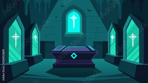 Obraz The Underground Crypt of a Haunted Church Contains an Ancient and Eerie Stone Altar