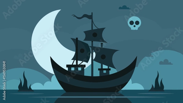 Obraz A Haunted Pirate Ship with Tattered Sails is Crewed by Ghostly Skeletons at Sea